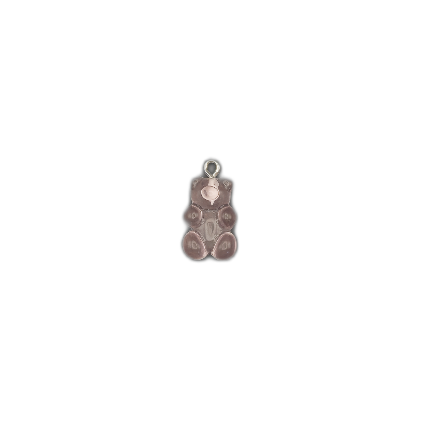 full view of a small purple gummy bear charm centered on a black background