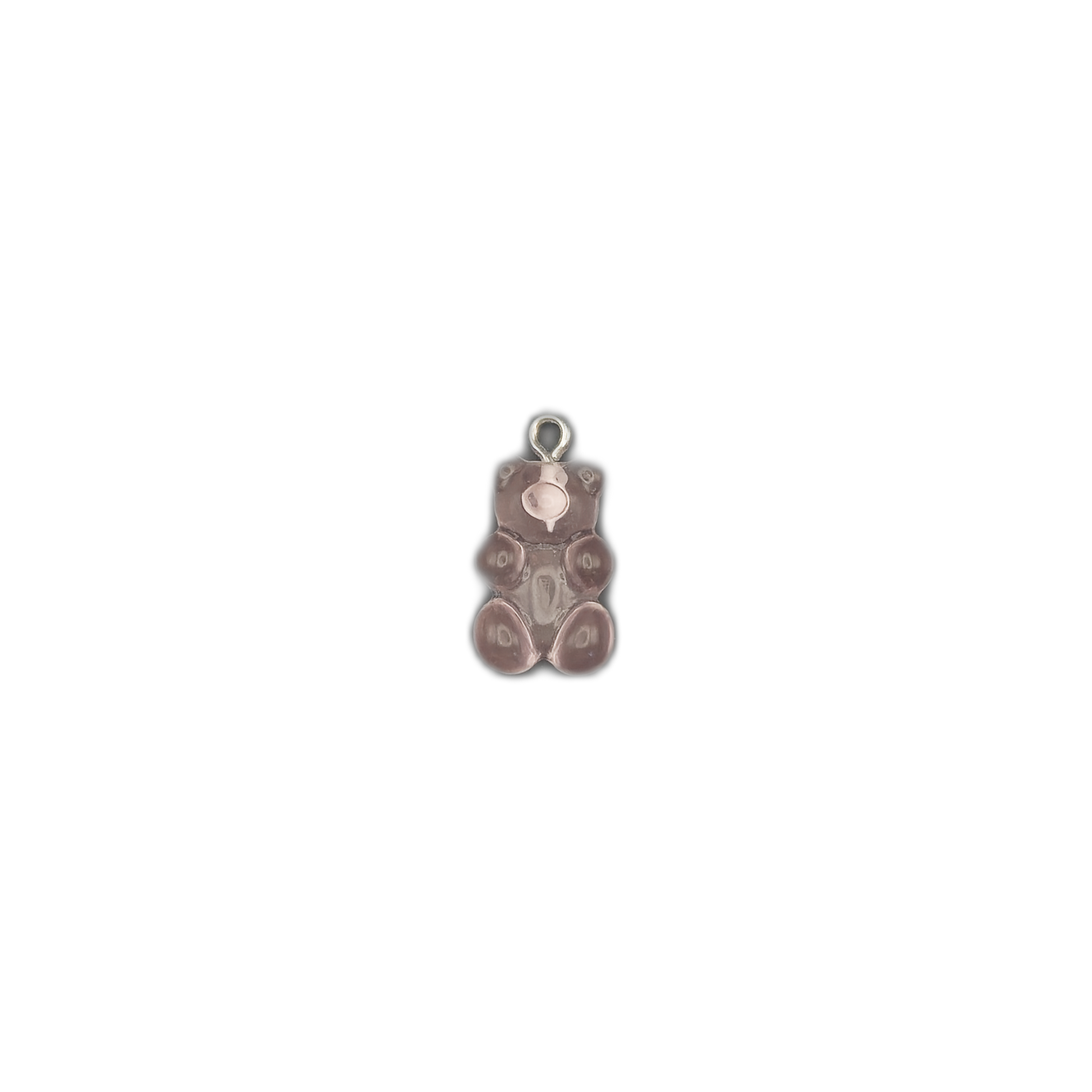 full view of a small purple gummy bear charm centered on a black background