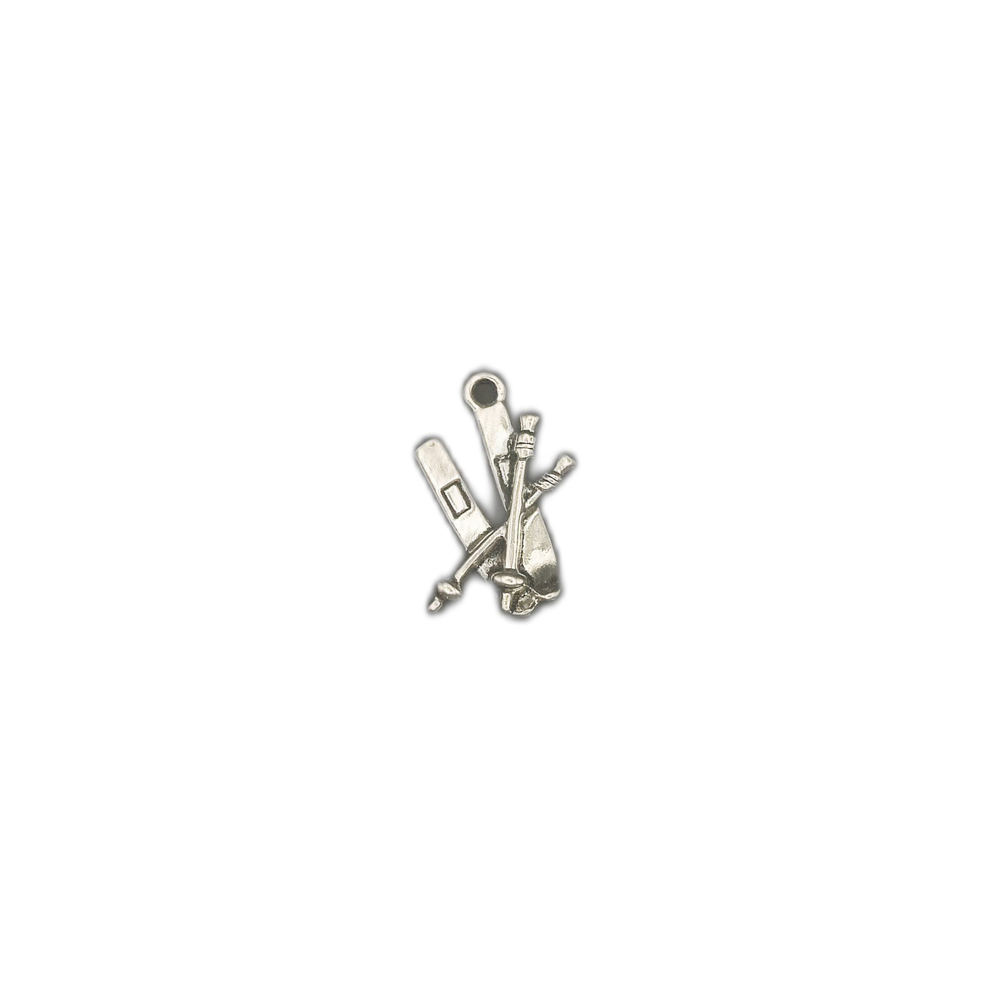 small silver ski equipment charm centered on black