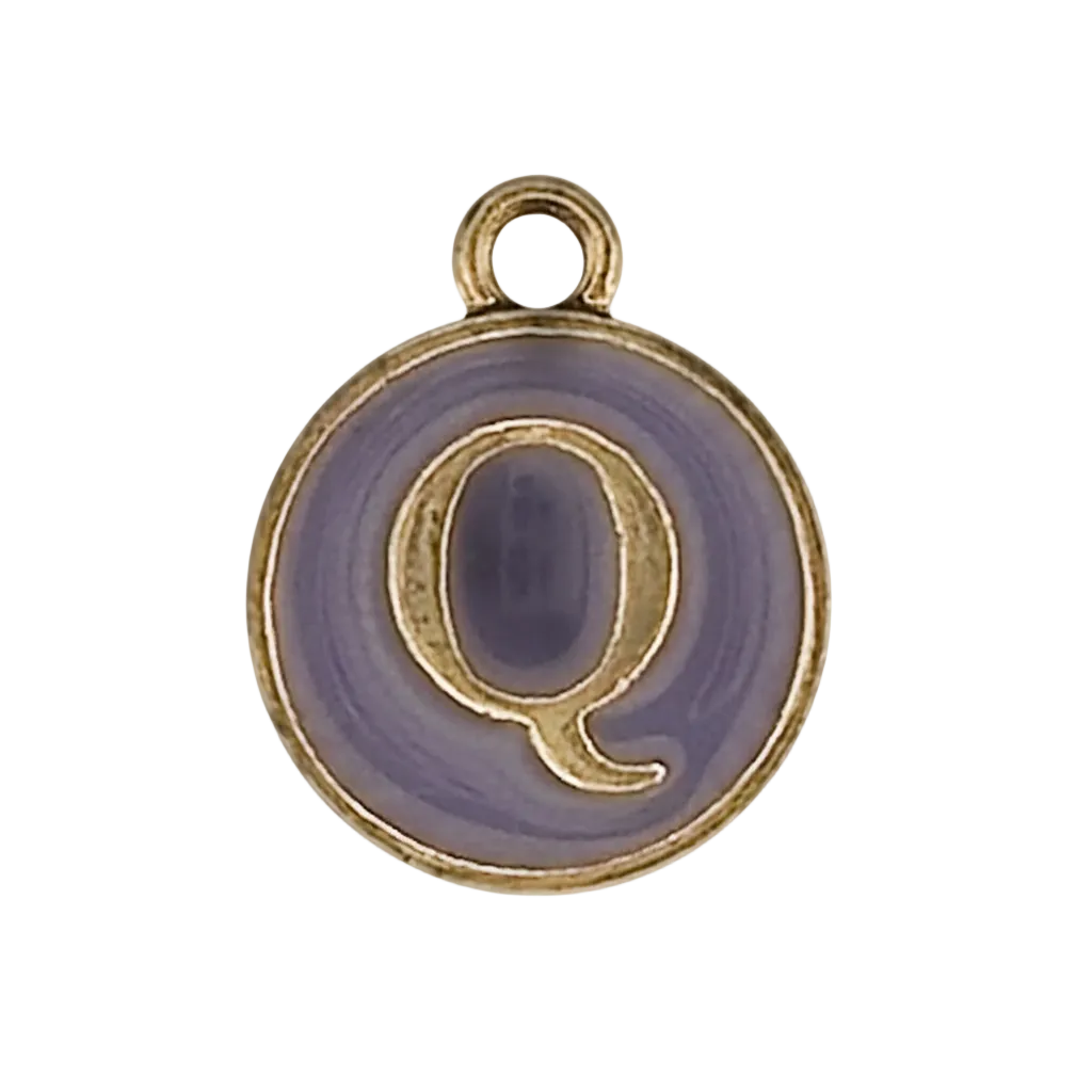 close-up of round purple enamel charm with gold letter Q on black background
