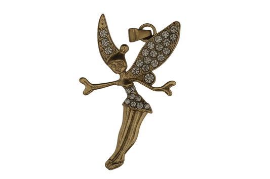 close-up of gold-tone fairy pendant with clear rhinestone wings on black background