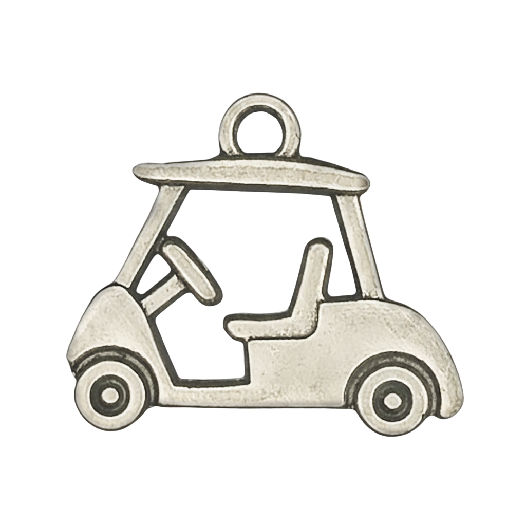 close-up of a silver golf cart charm on a black background