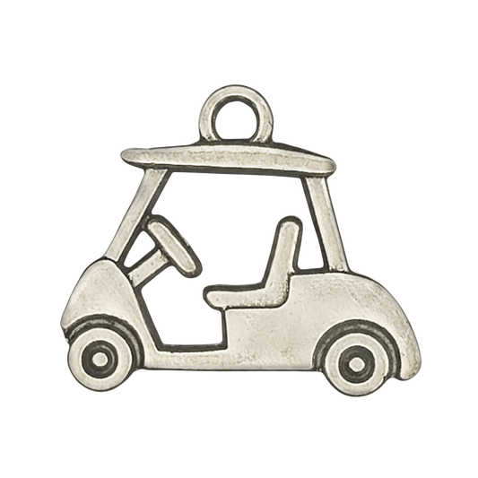 close-up of a silver golf cart charm on a black background