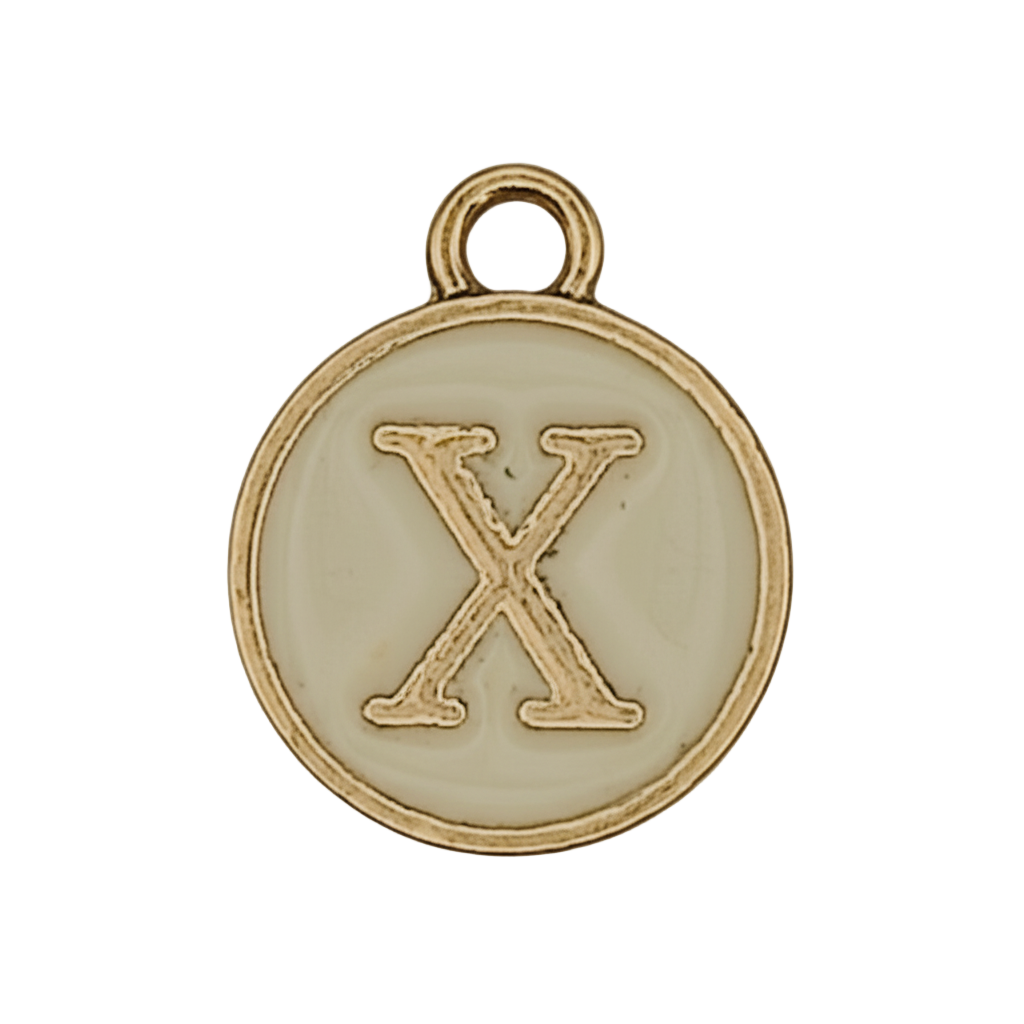 close-up of round gold-tone letter X charm with cream enamel