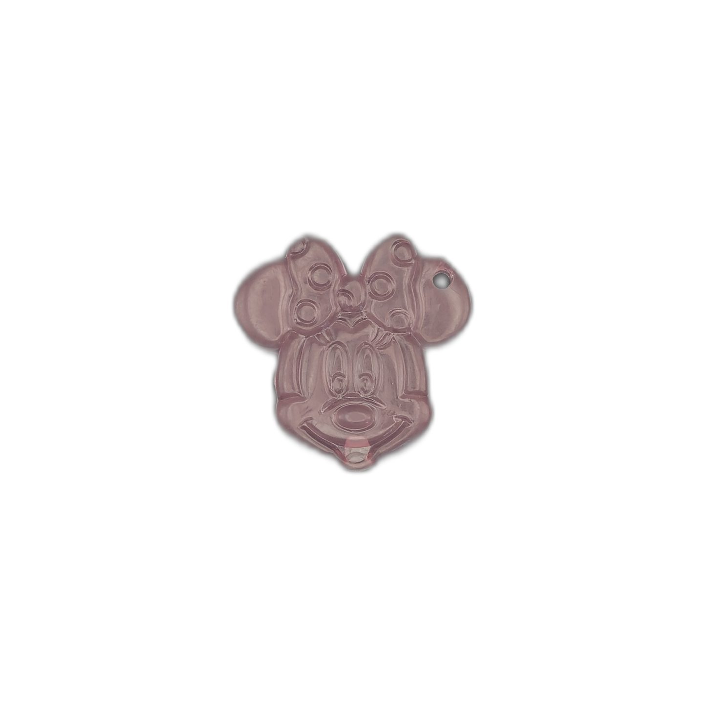 translucent pink mouse face charm with a bow on a black background