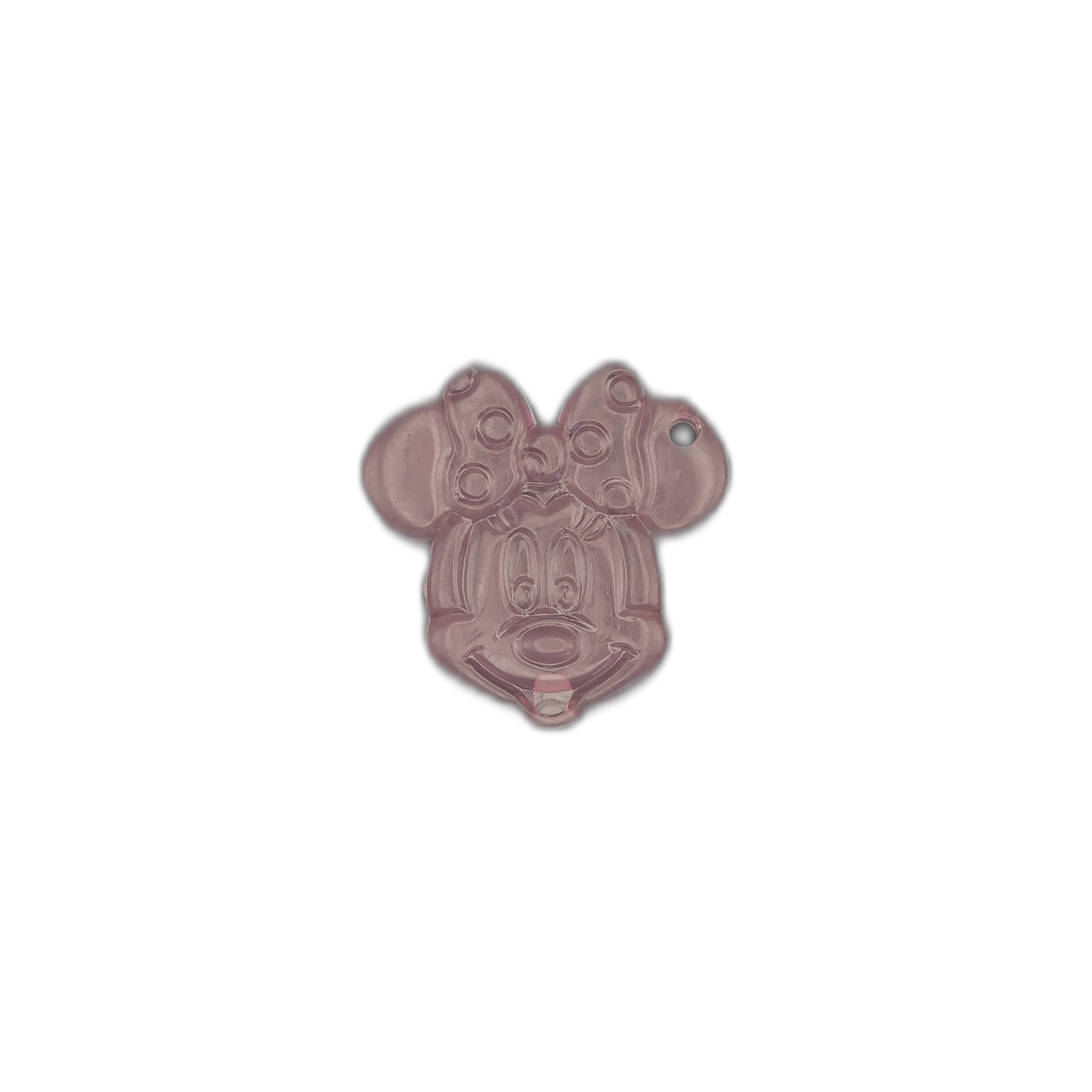 translucent pink mouse face charm with a bow on a black background