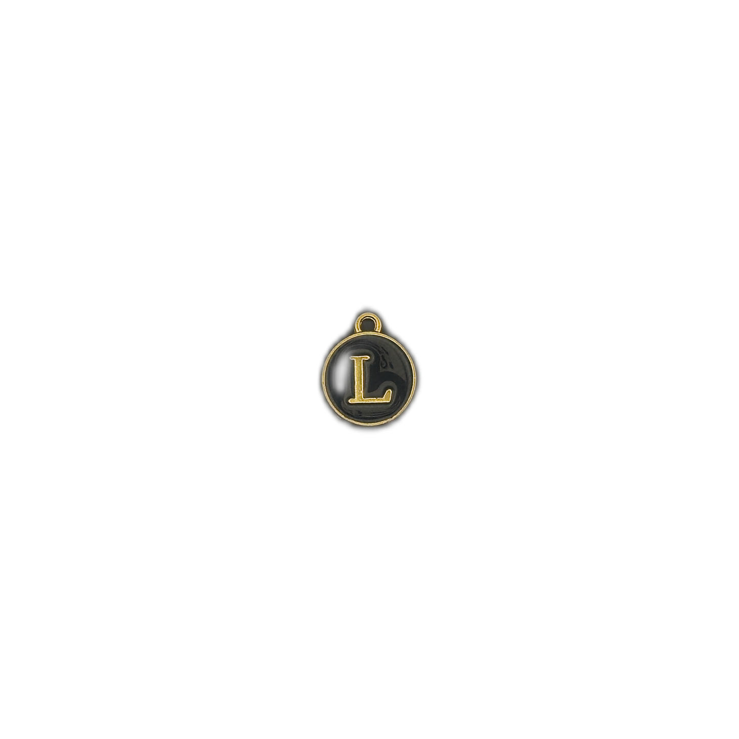 Small round black and gold letter L charm centered on a black background.