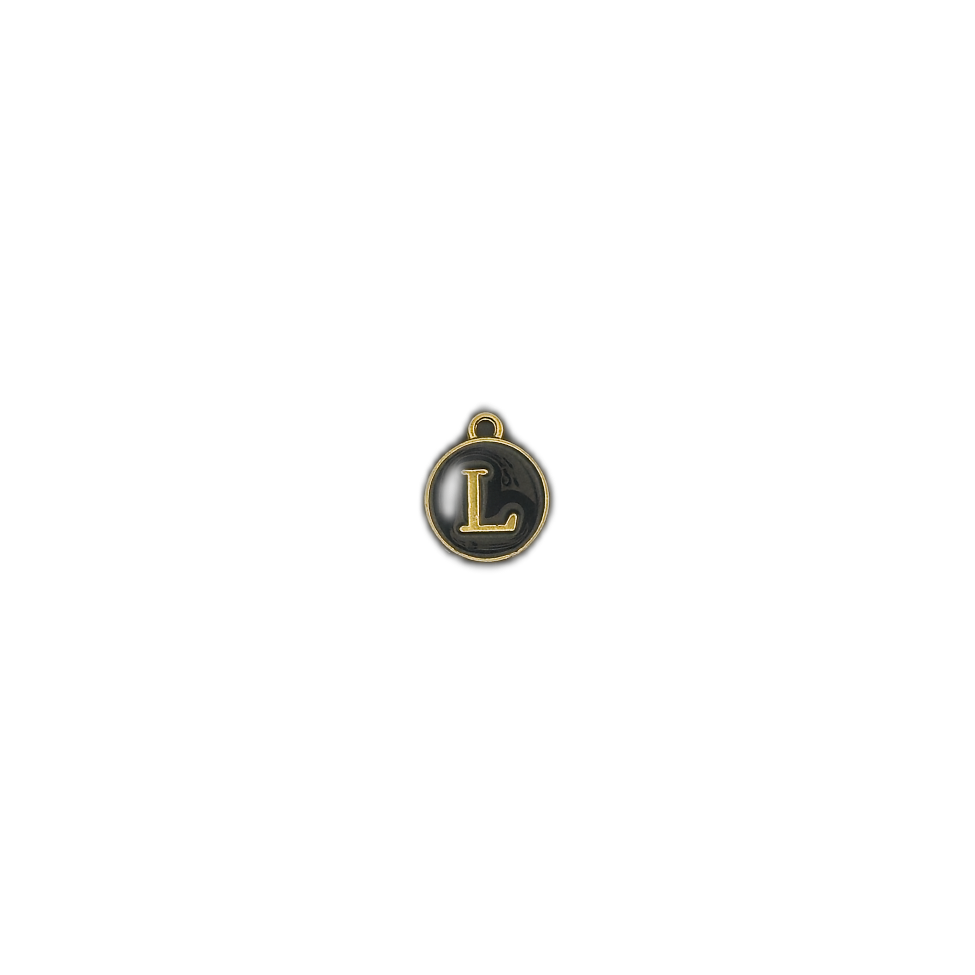 Small round black and gold letter L charm centered on a black background.