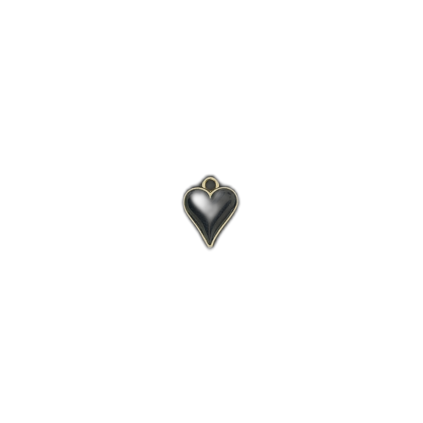 small black heart charm with gold outline centered on a black background