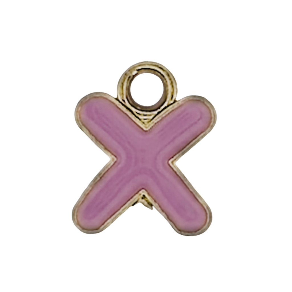 close-up of a pink enamel letter X charm with a gold outline on a black background