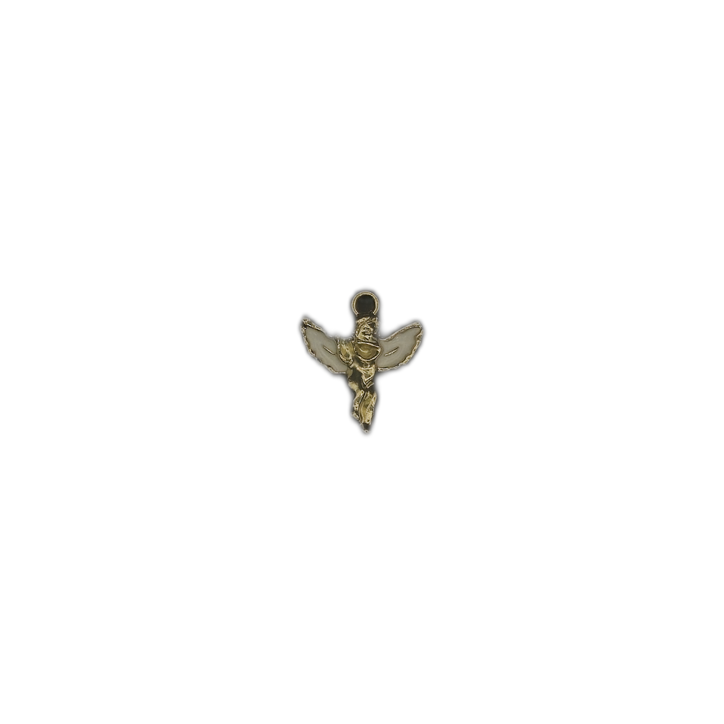 Full view of a small gold-tone angel charm with white enamel wings centered on a black background.