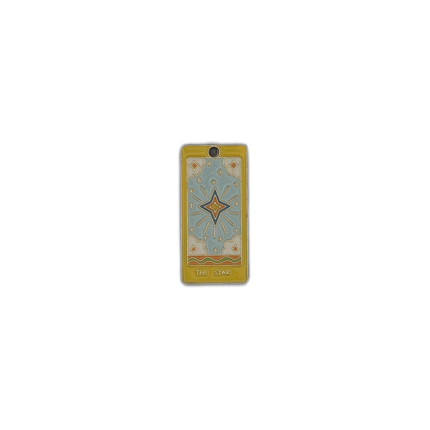 yellow and blue enamel charm showing The Star tarot card with clouds and sparkles