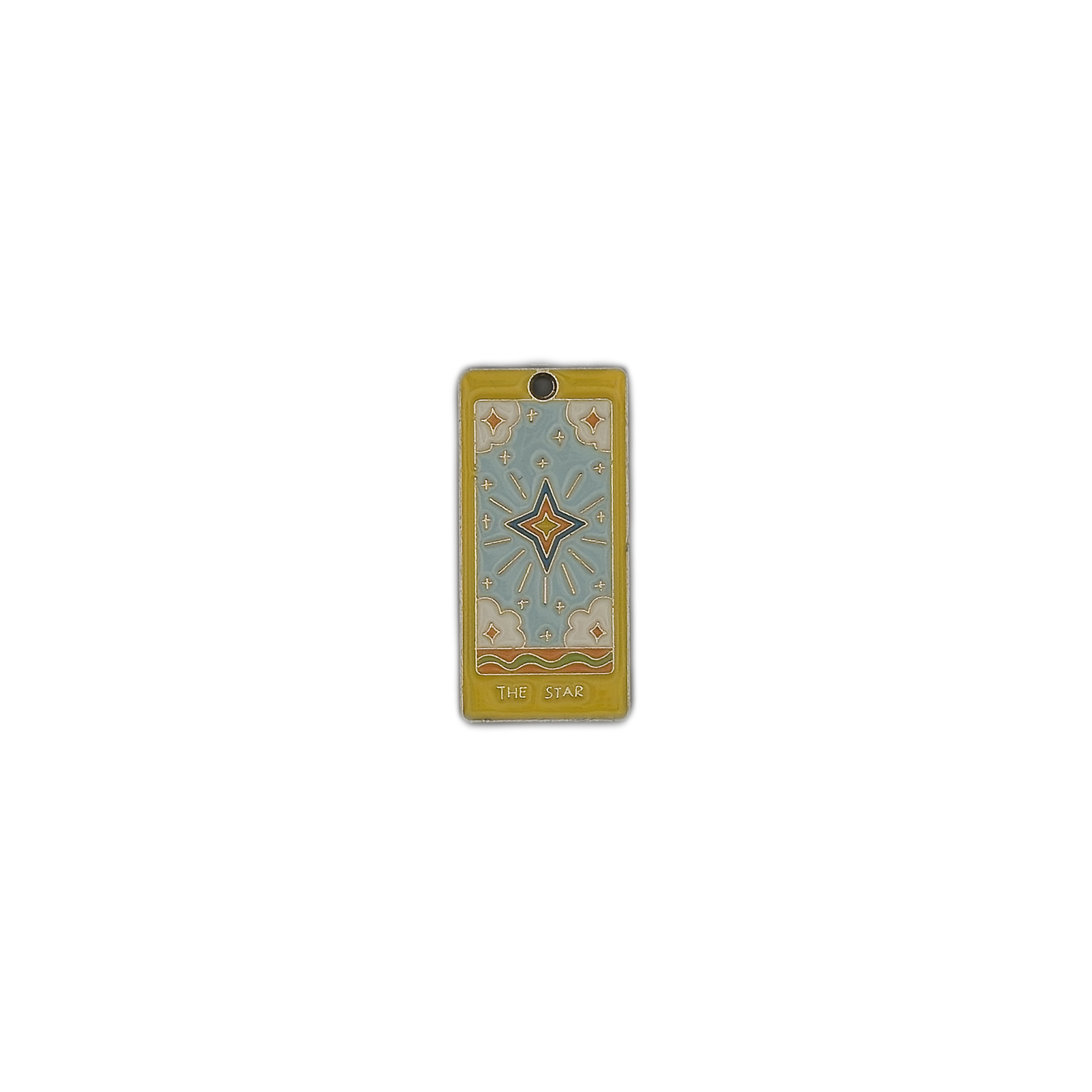 yellow and blue enamel charm showing The Star tarot card with clouds and sparkles