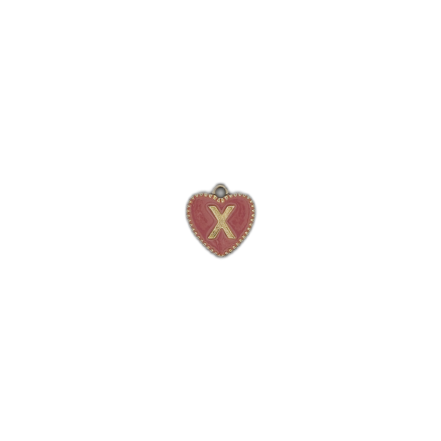 small pink heart charm with gold X on black background