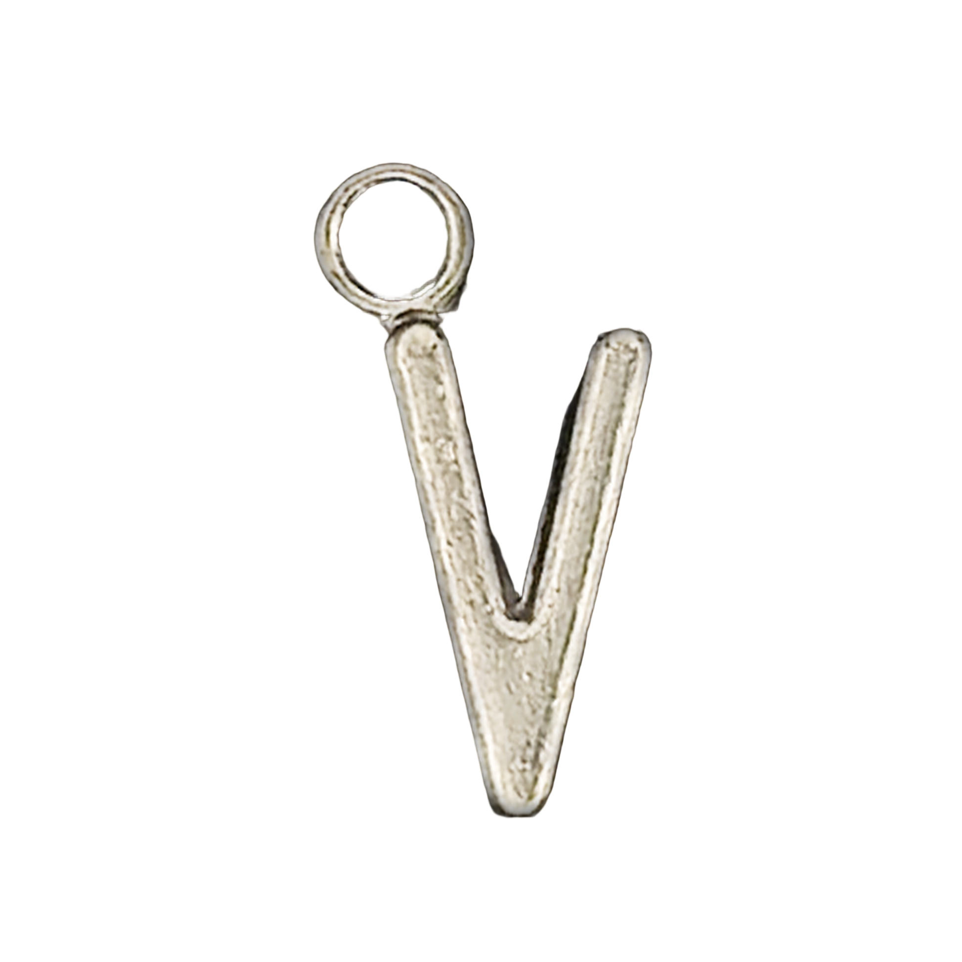 close-up of a silver letter V charm on black background