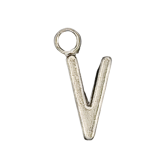 close-up of a silver letter V charm on black background