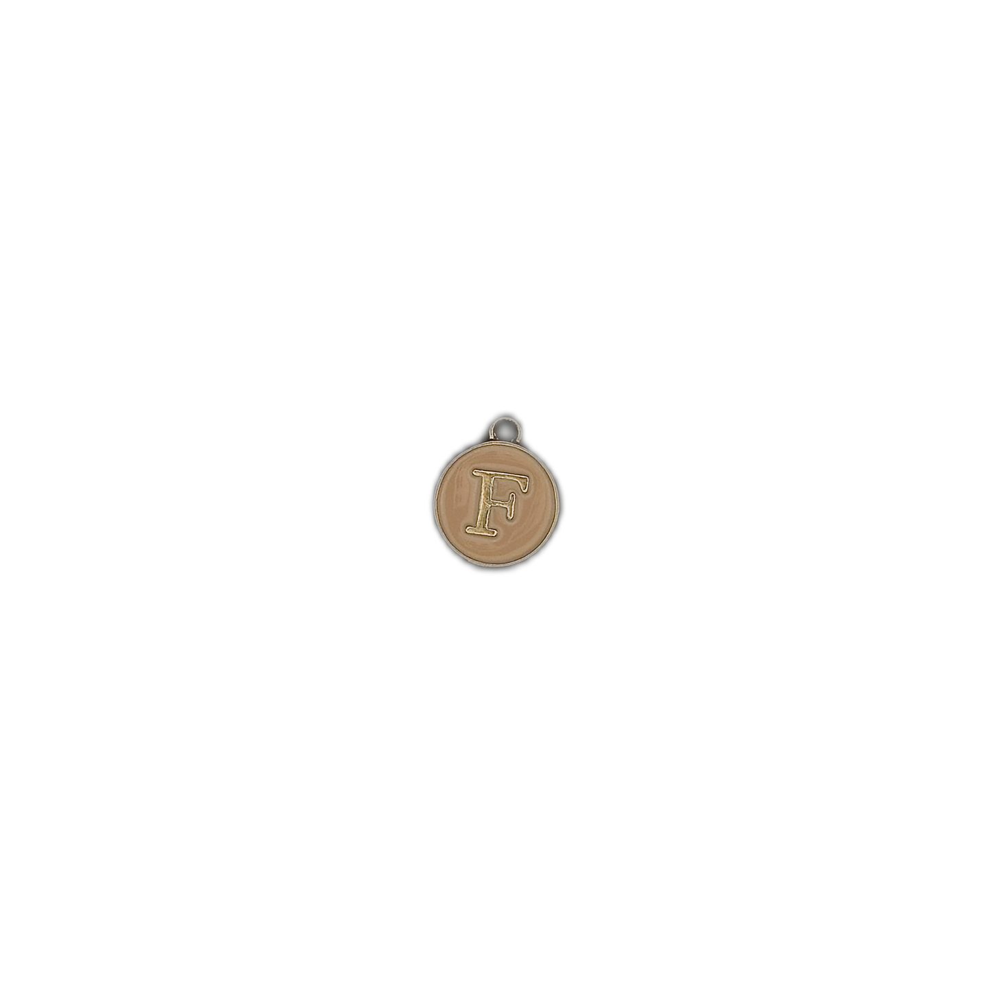 small round letter F charm centered on black background