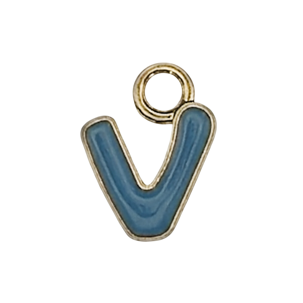 close-up of a blue enamel lowercase letter v charm with a gold outline on a black background