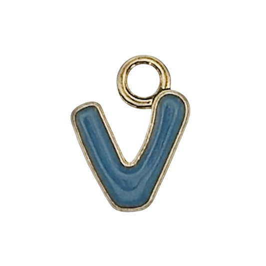 close-up of a blue enamel lowercase letter v charm with a gold outline on a black background
