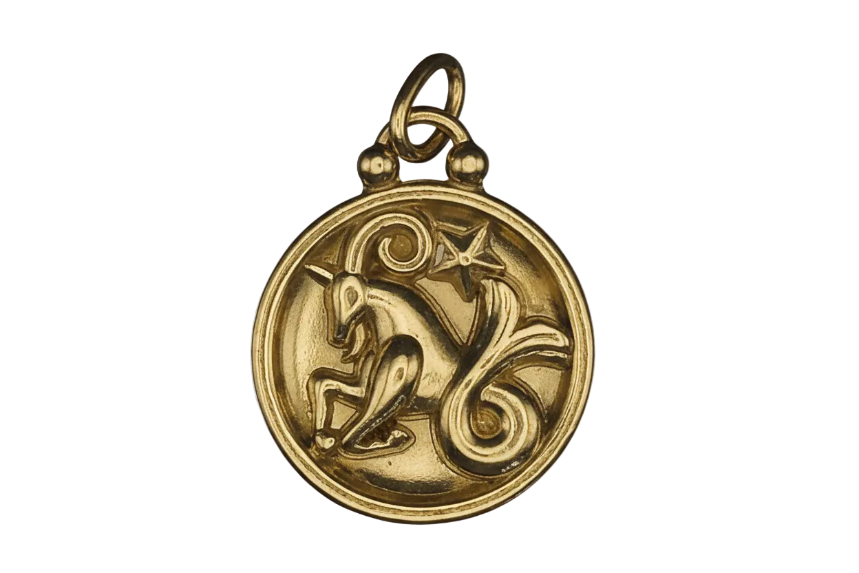 close-up of round gold-tone charm with raised unicorn, star, and scroll on black background