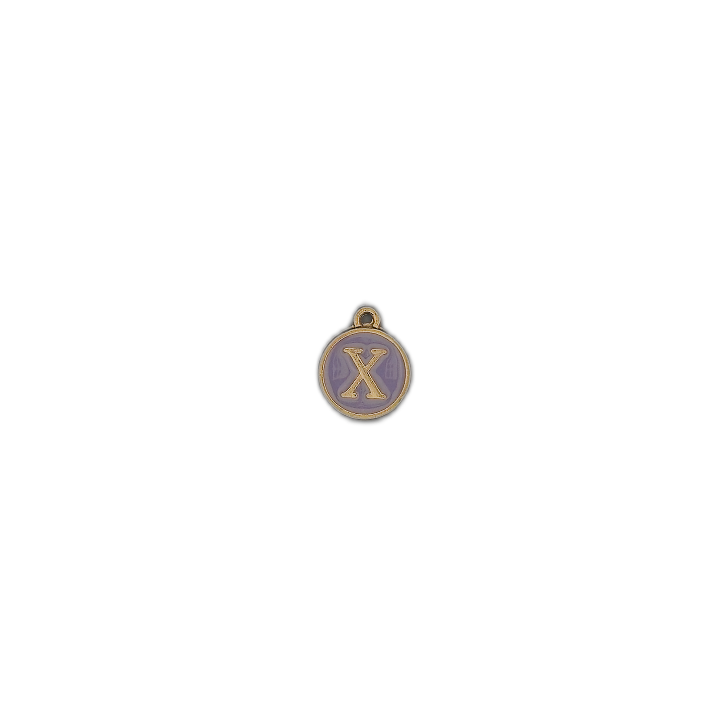 Small lavender and gold letter X charm centered on a black background.