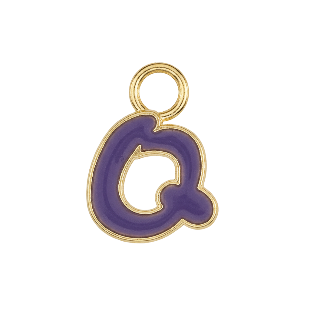 close-up of purple enamel lowercase q charm with gold outline on black background