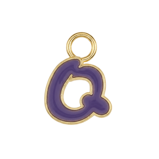 close-up of purple enamel lowercase q charm with gold outline on black background