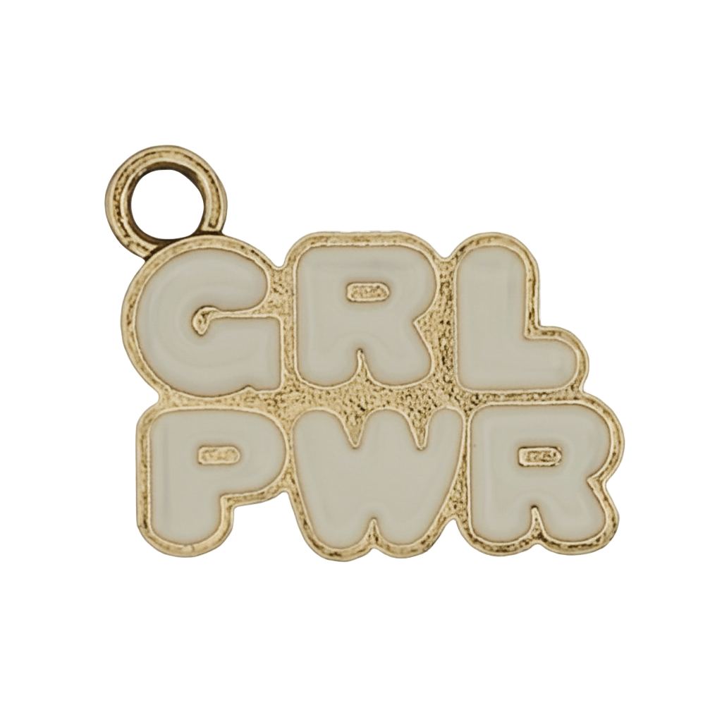Close-up of gold-tone charm reading GRL PWR in white enamel.
