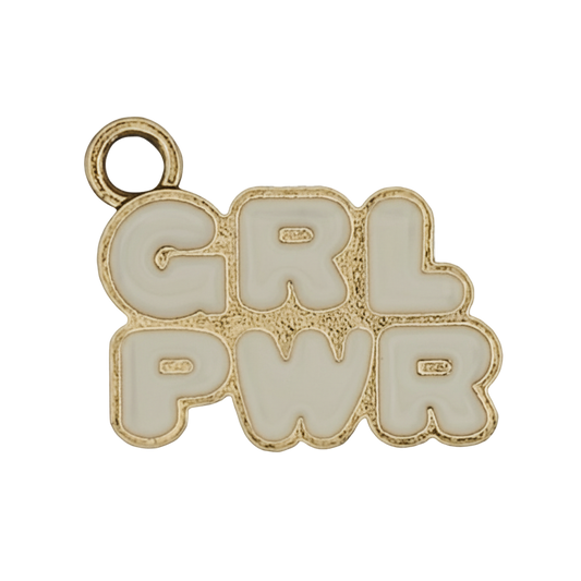Close-up of gold-tone charm reading GRL PWR in white enamel.