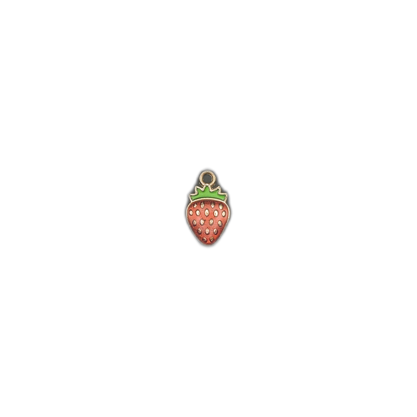 small red strawberry charm centered on black background