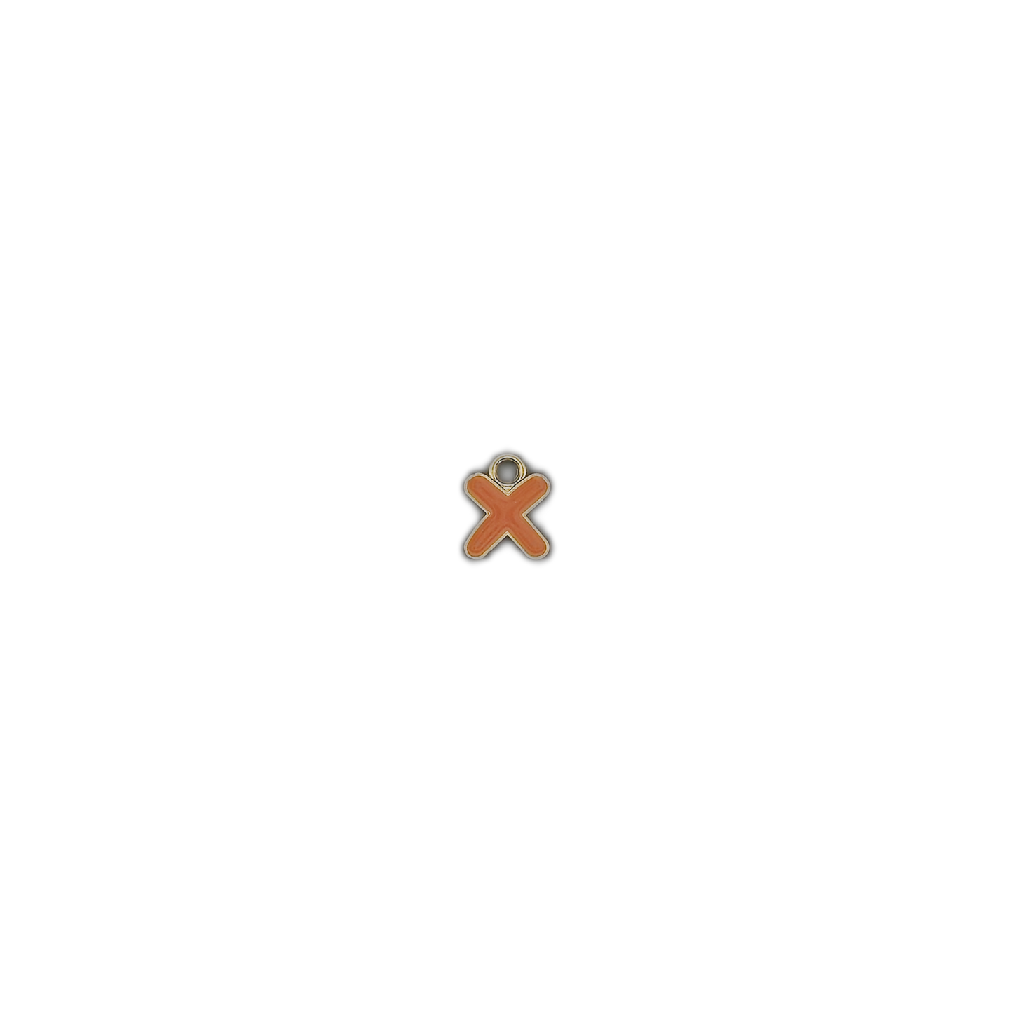 small orange letter X charm centered on black background
