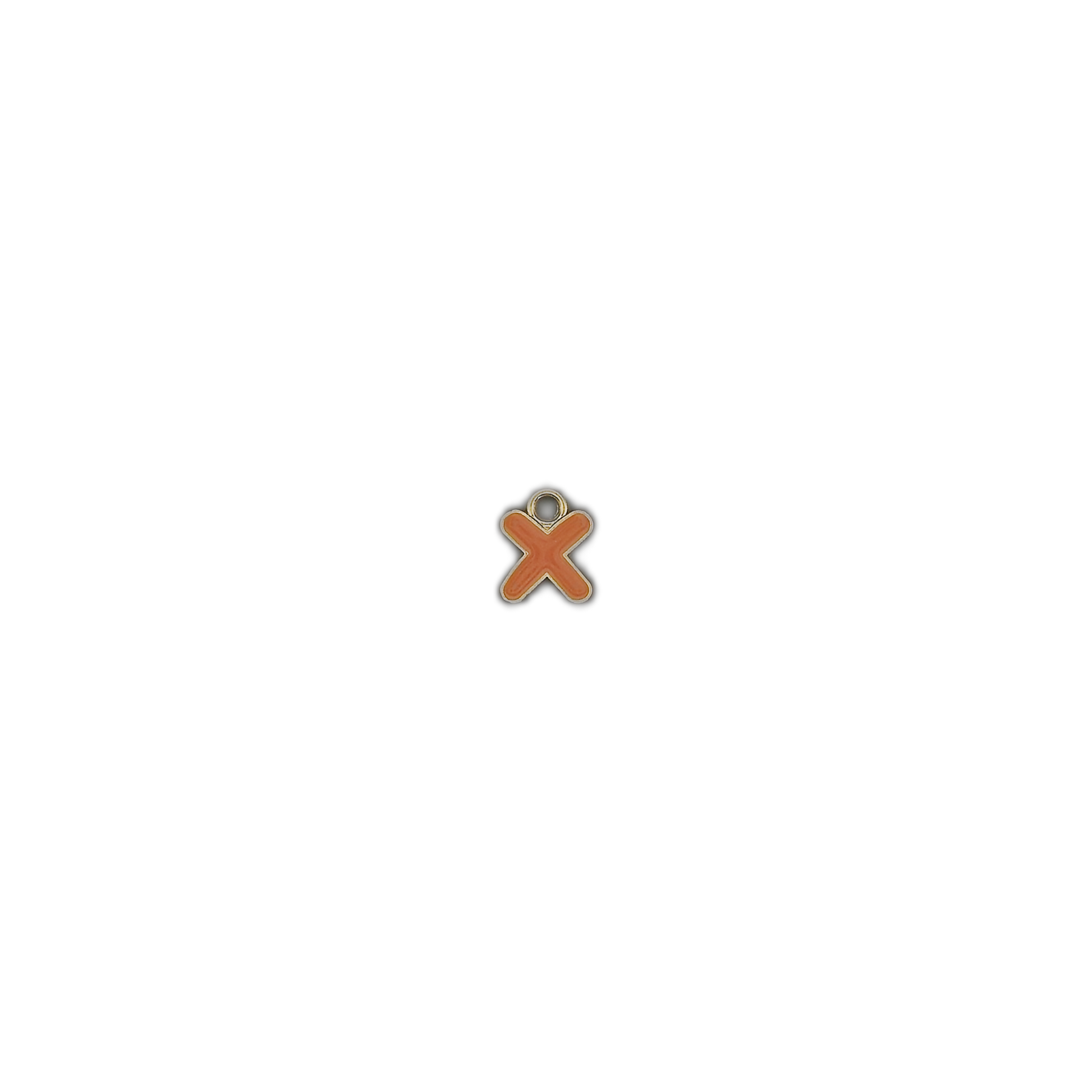 small orange letter X charm centered on black background