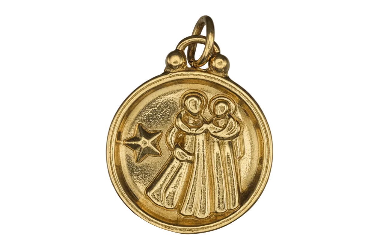 close-up of round gold-tone charm with two robed figures and a star on a black background