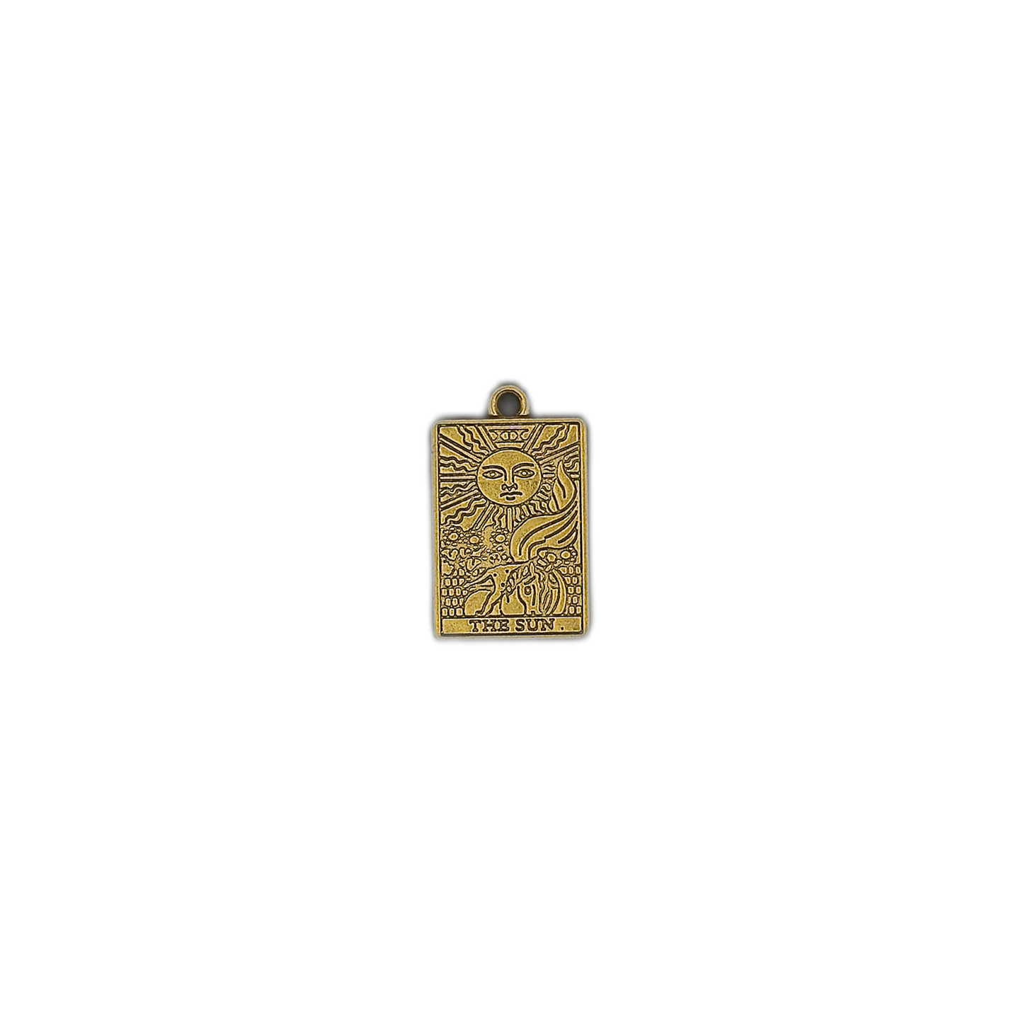 small gold rectangular tarot sun charm on black background