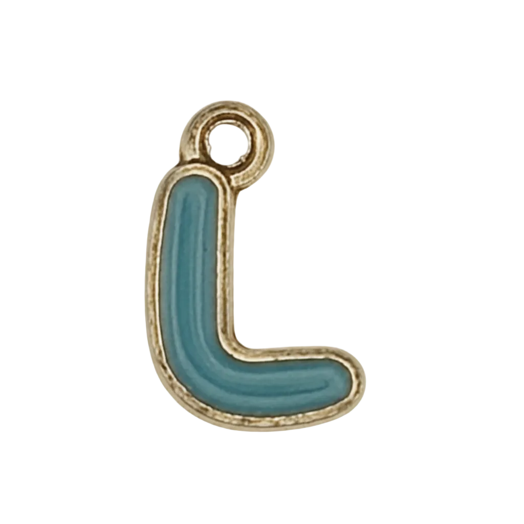 close-up teal lowercase letter L charm with gold outline on black background