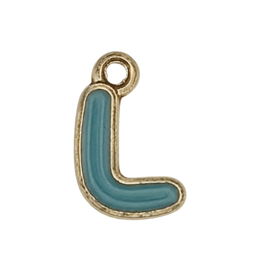 close-up teal lowercase letter L charm with gold outline on black background