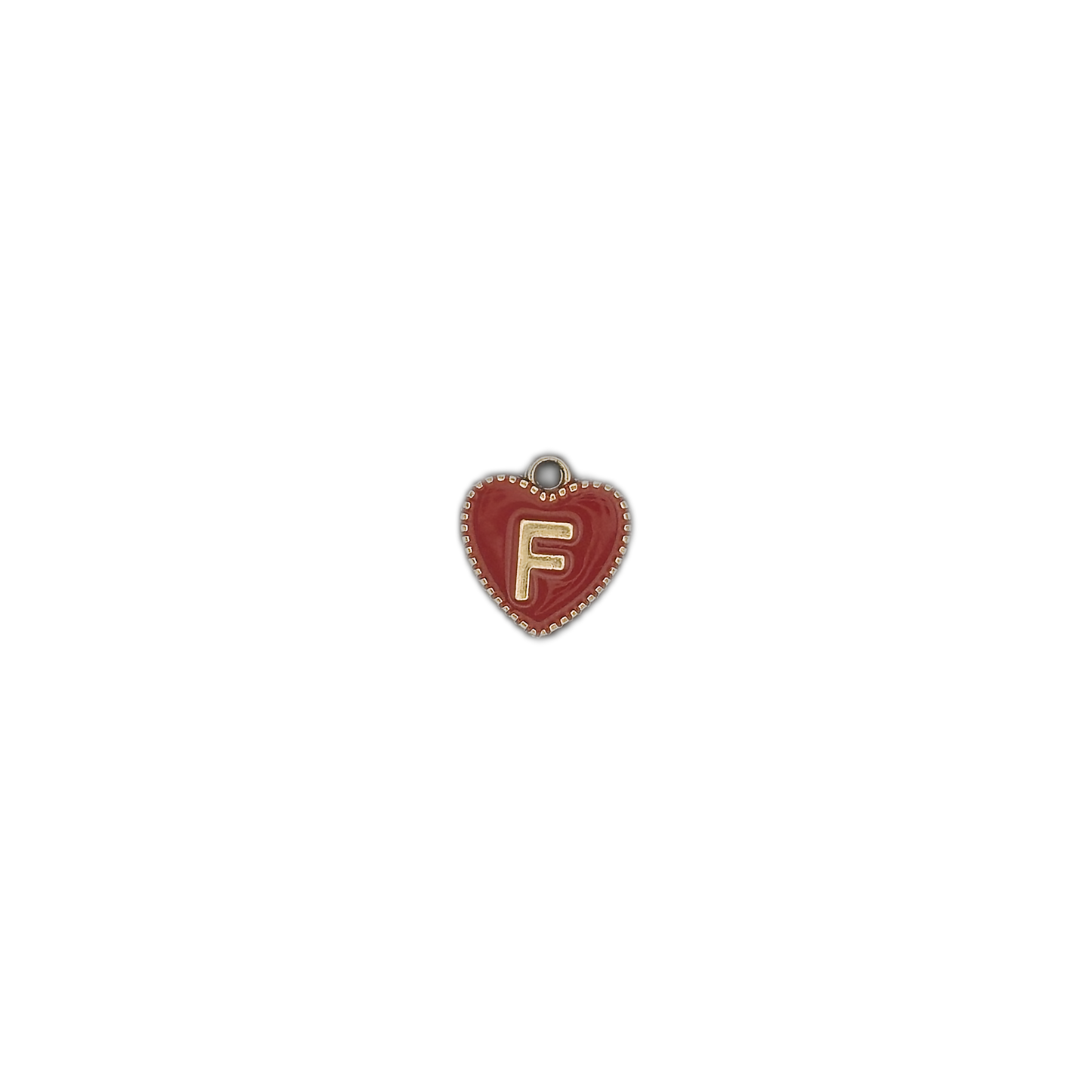 Small red heart charm with gold letter F on a black background.