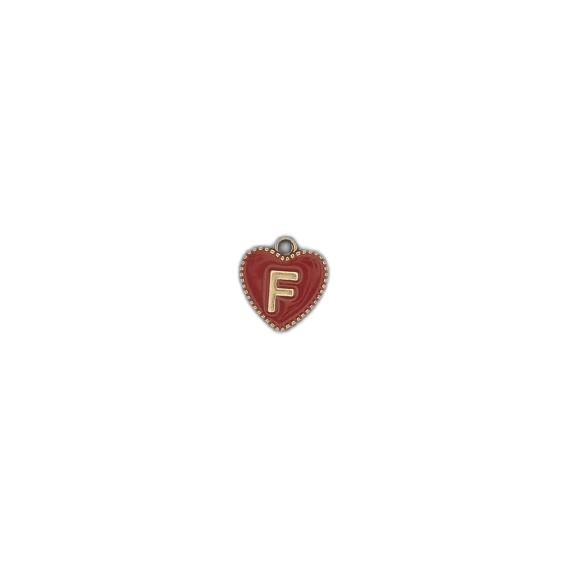 Small red heart charm with gold letter F on a black background.