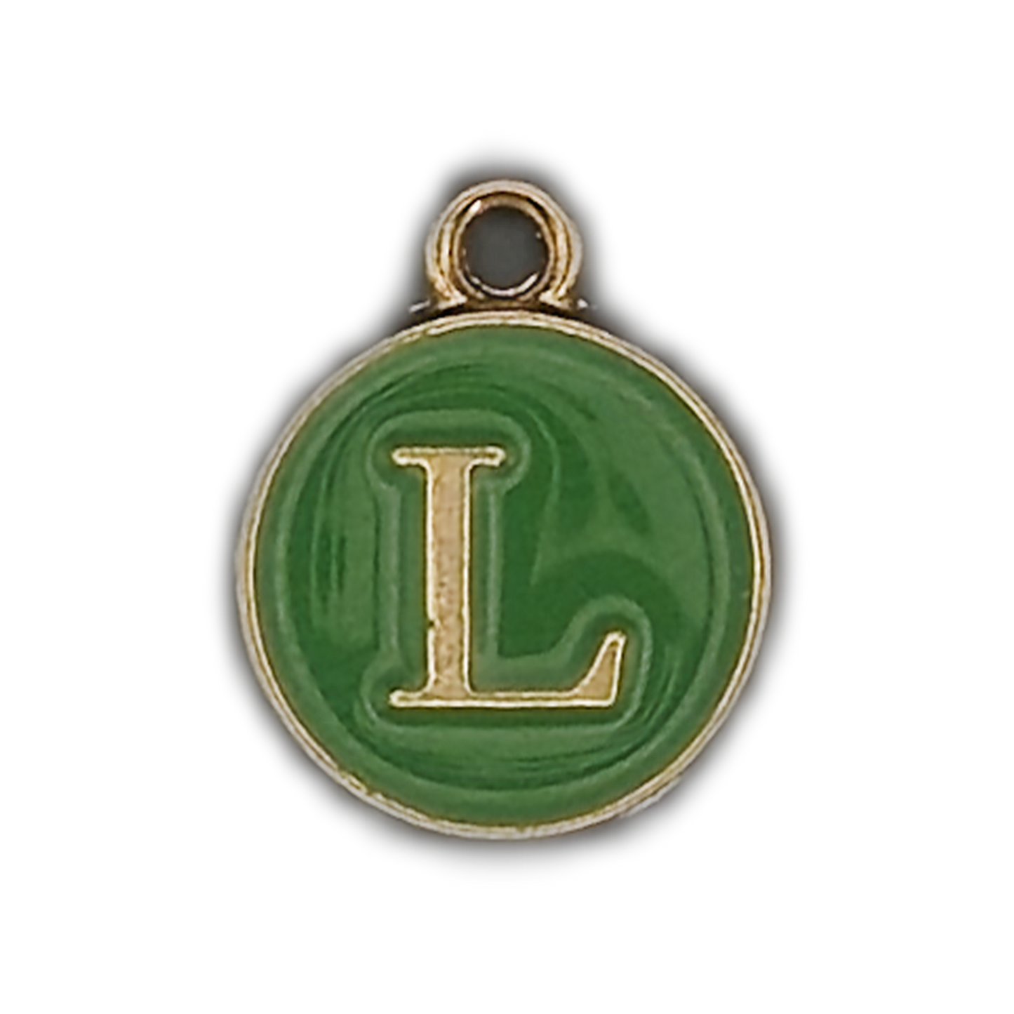 round green enamel letter L charm with gold edge