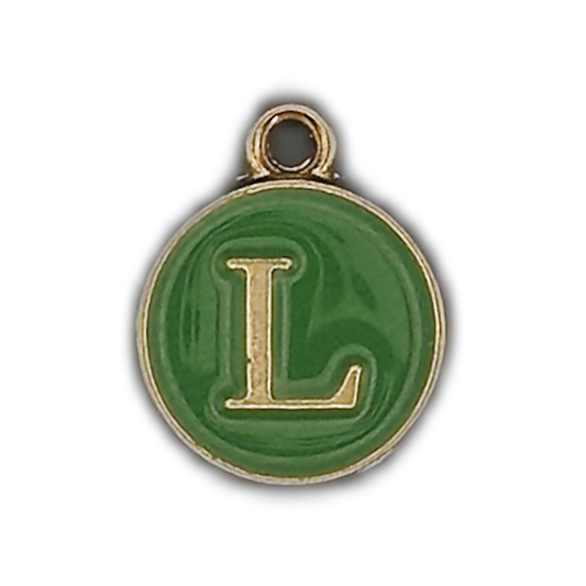round green enamel letter L charm with gold edge