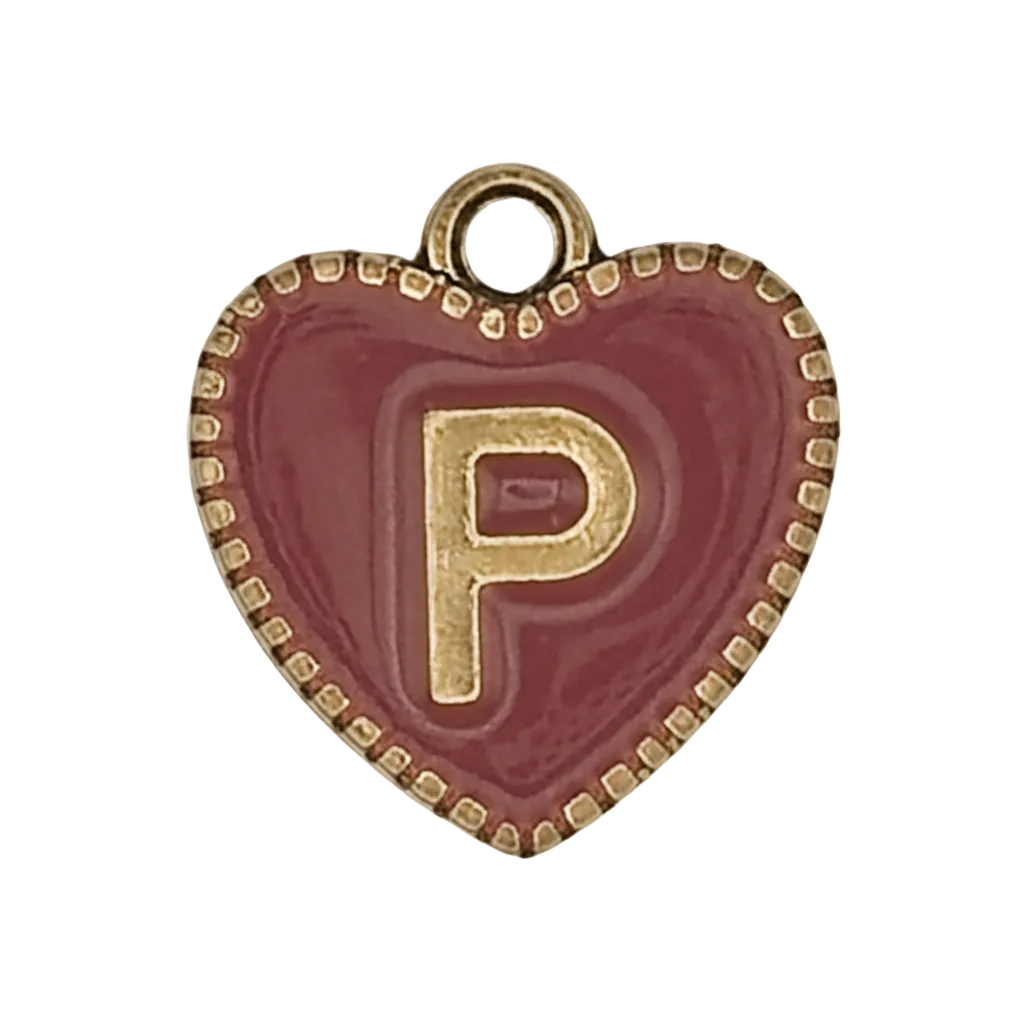 Close-up of burgundy heart charm with gold letter P and dotted gold border.
