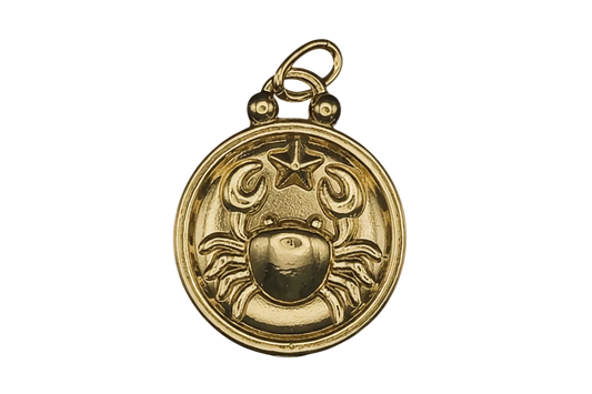 close-up of round gold-tone charm with raised crab and star