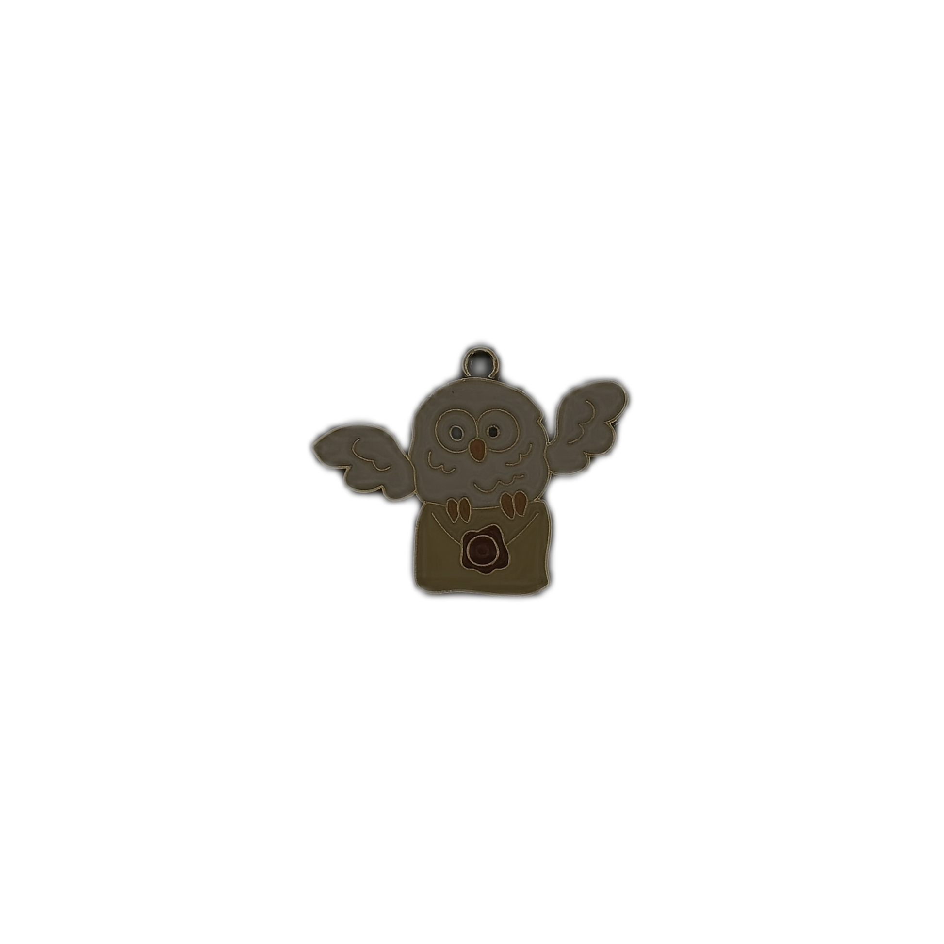 full view of owl with letter enamel charm on black background
