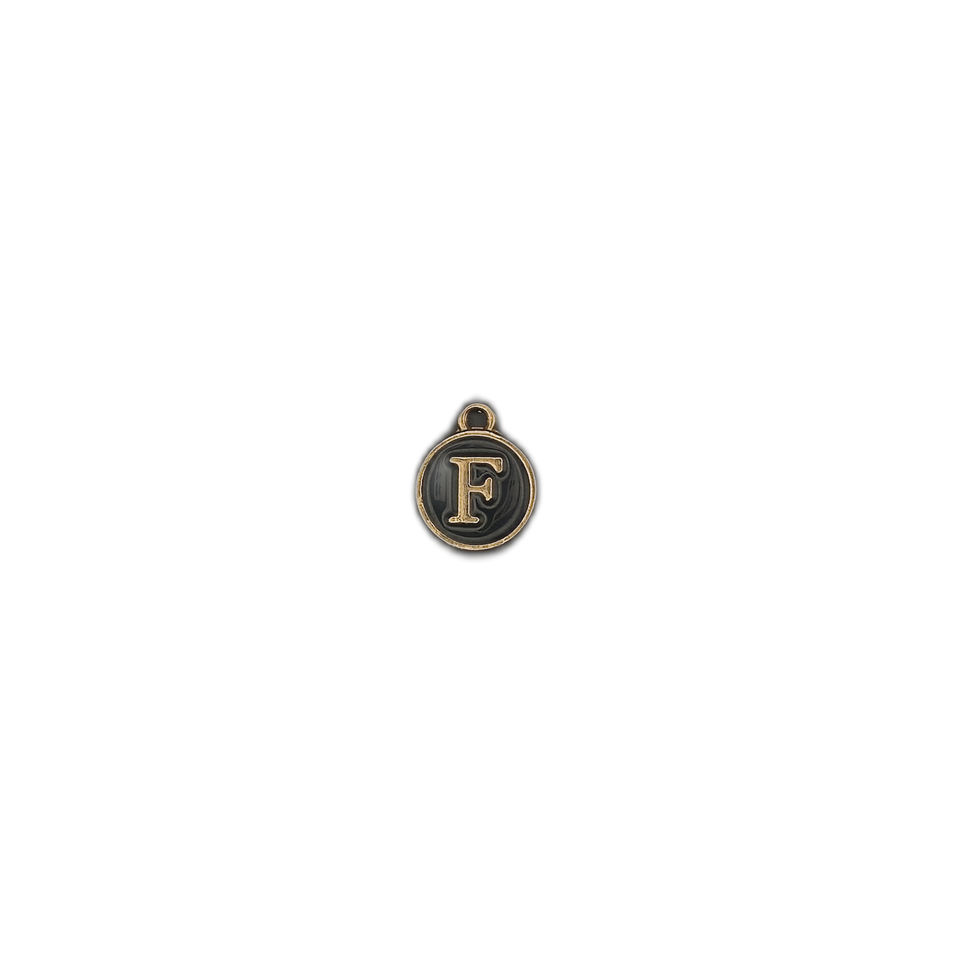 small round letter F charm centered on black background