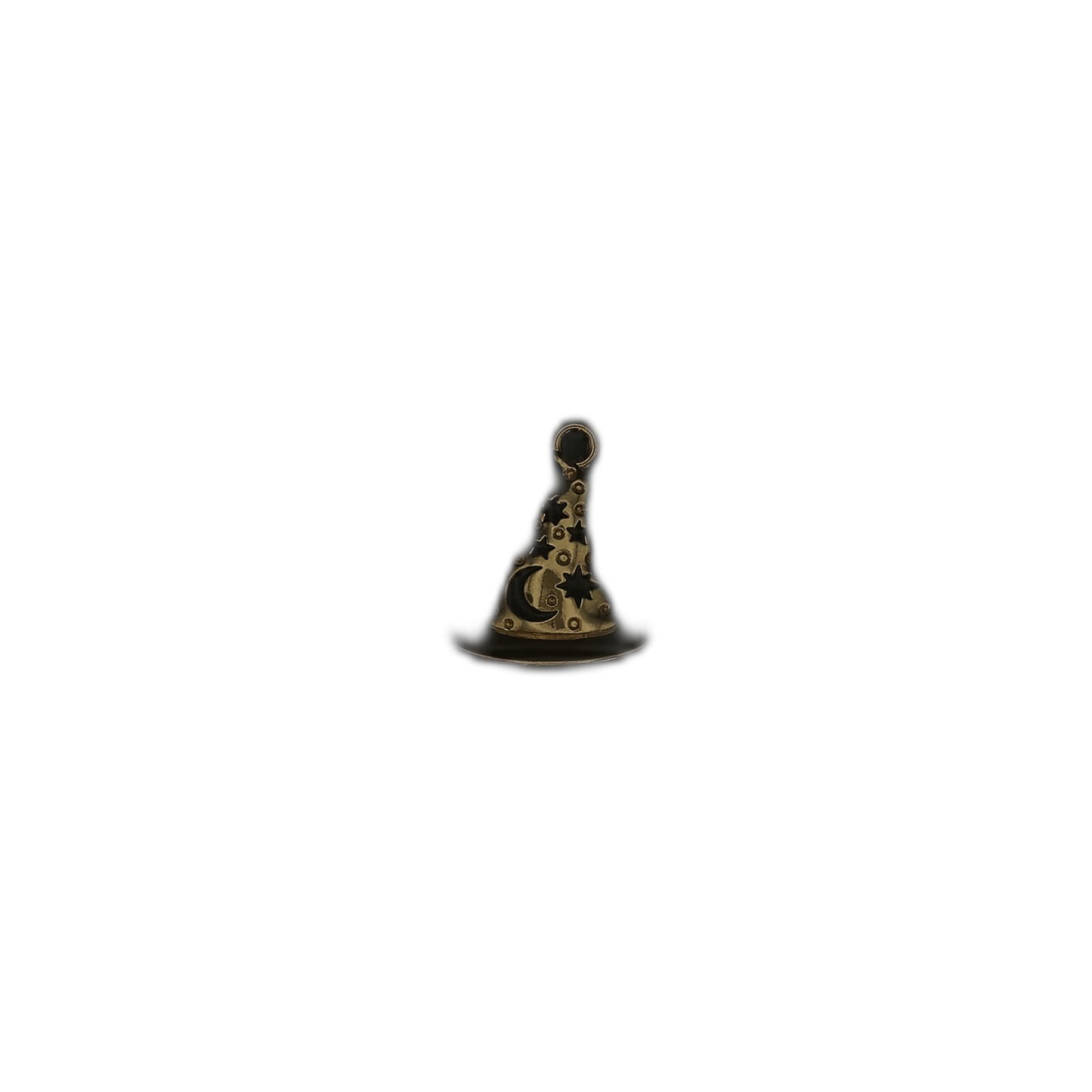 Gold-tone wizard hat charm centered on a black background.