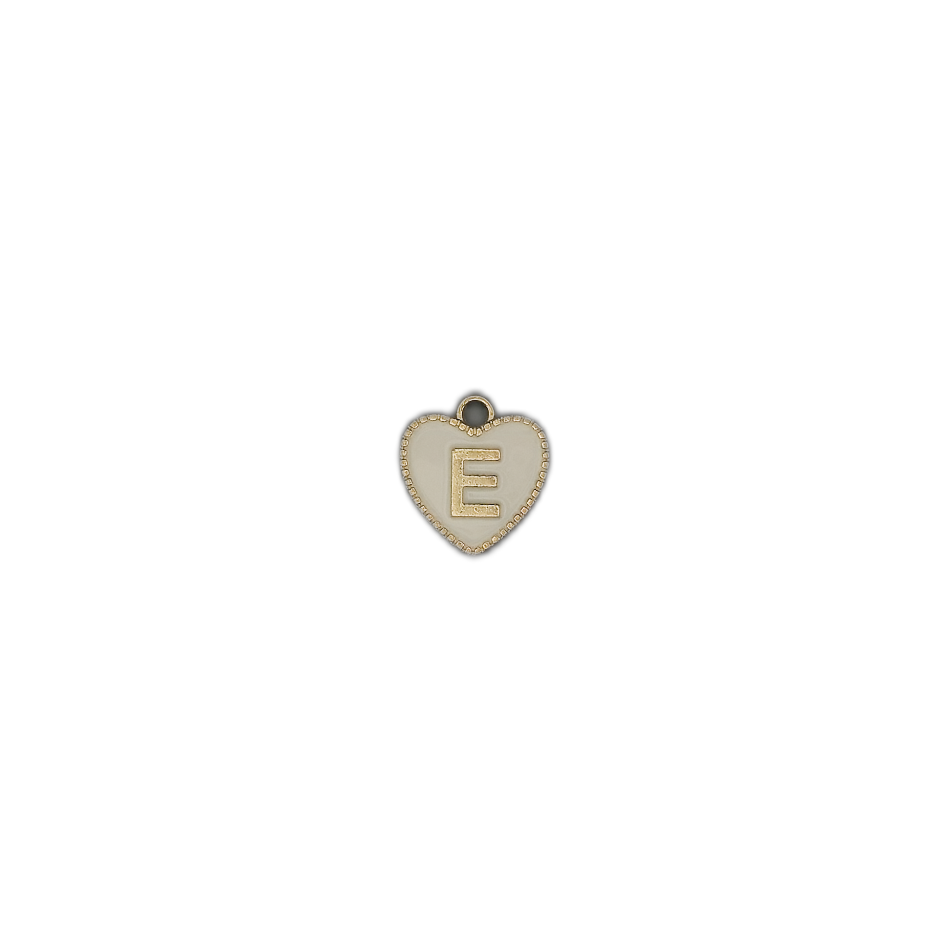 small heart initial E charm on black background
