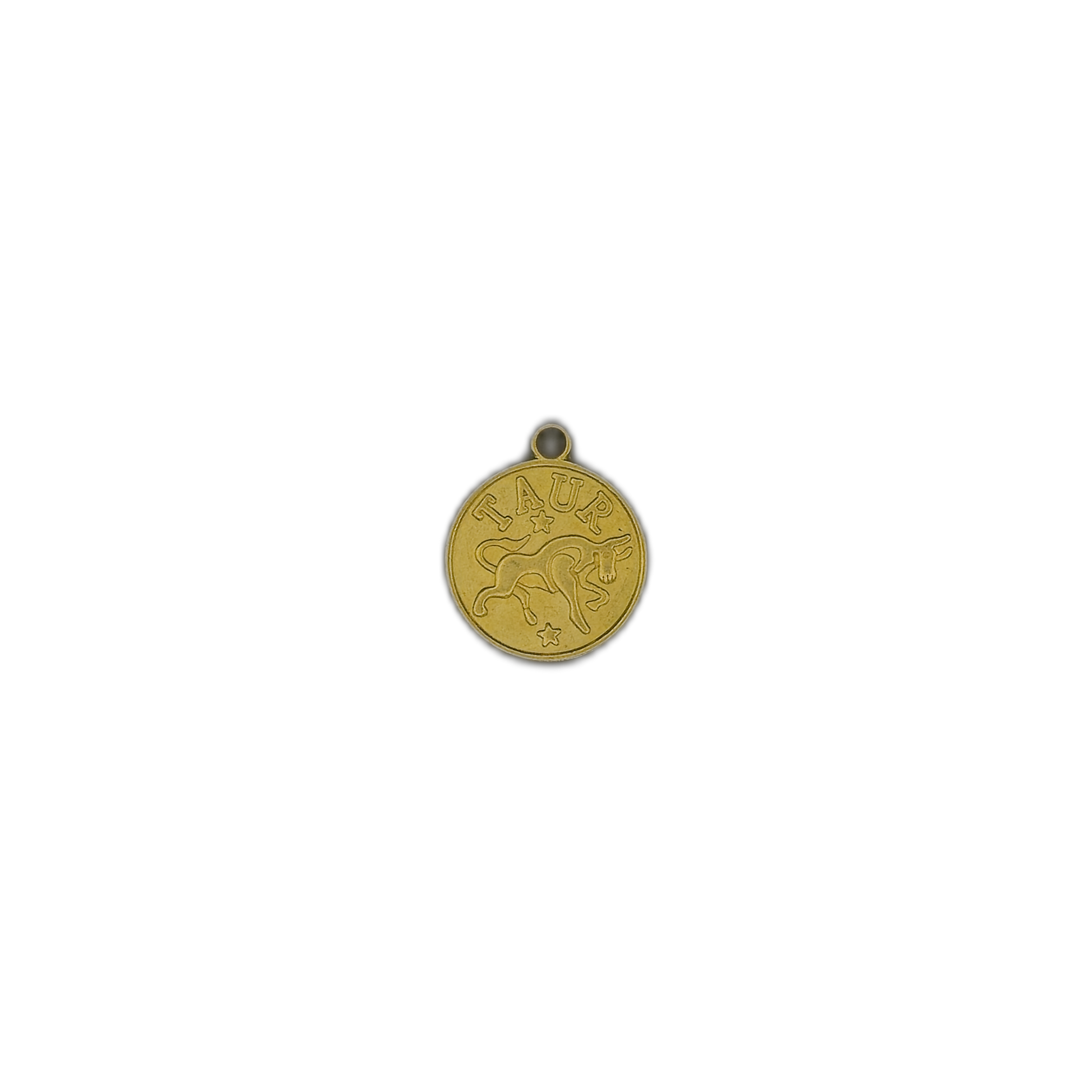 small gold coin-shaped Taurus charm centered on black background