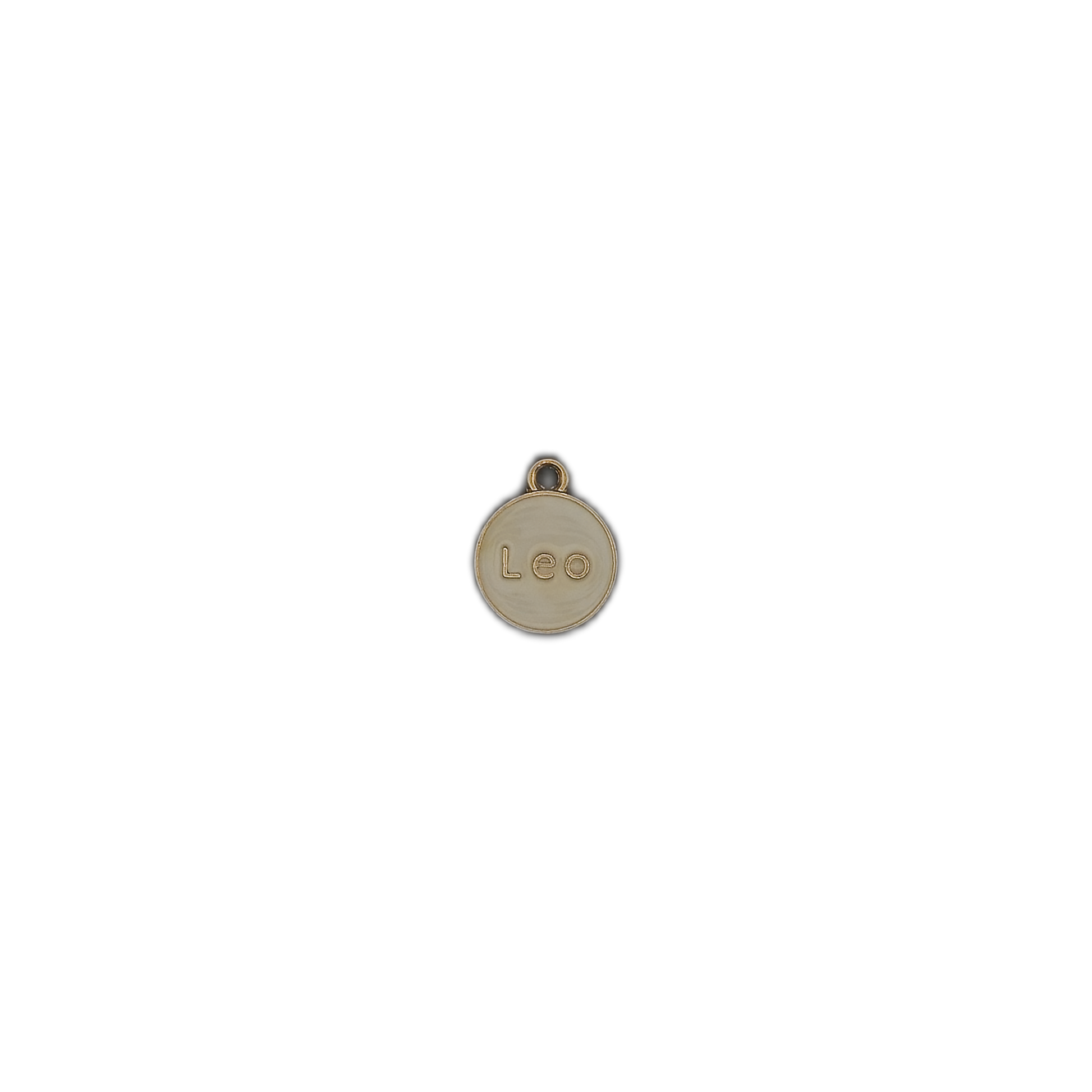 Small round gold and cream 'Leo' disc charm centered on black background.