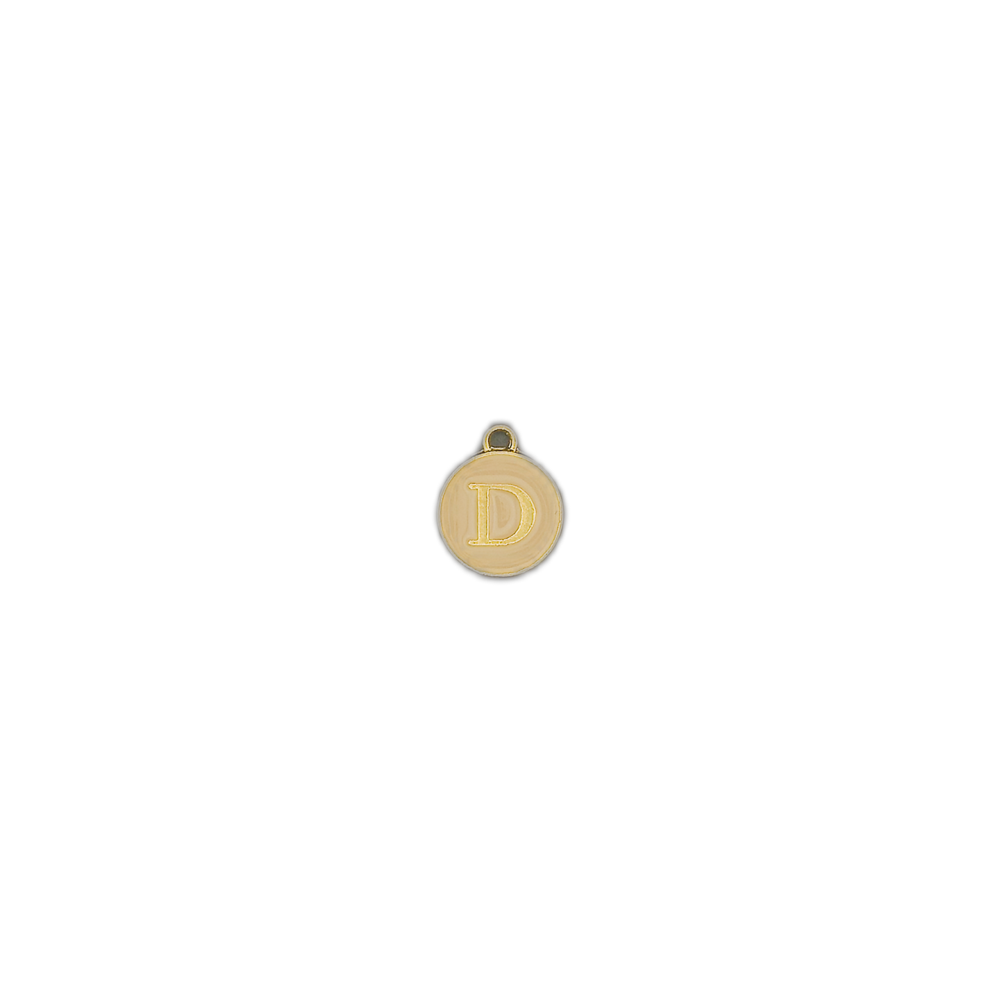 small round gold D initial charm centered on black background