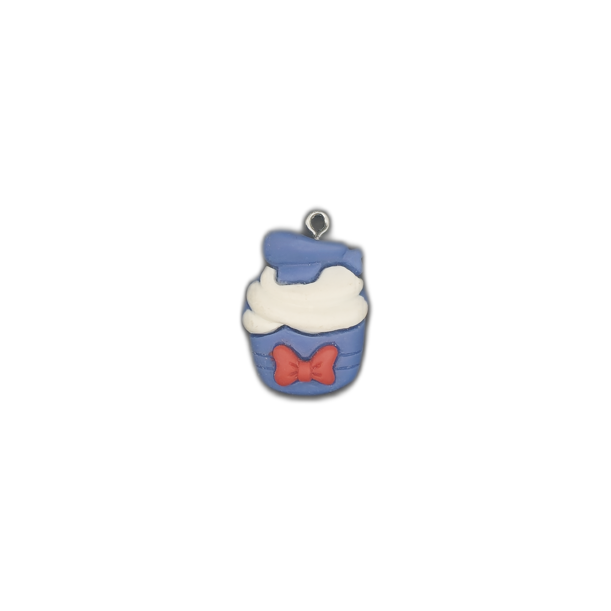 small blue cupcake charm with white frosting and red bow centered on black background